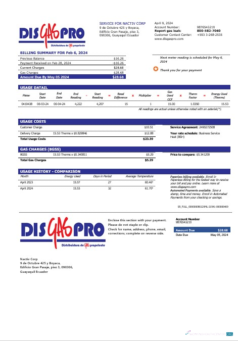 Download Ecuador Disgaspro gas business utility bill template in Word and pdf formats Photoshop template